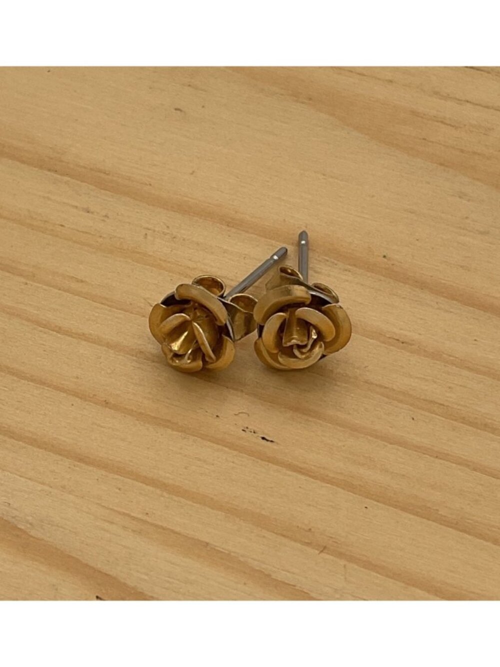 Vintage Gold Tone Rose Stud Earrings 3D Dimensional Floral Matte Brass Cottageco